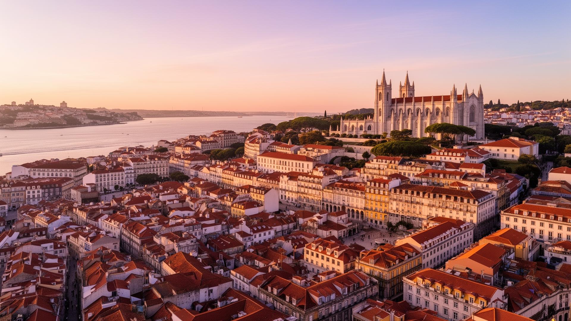 Vista de Lisboa ao entardecer com o Rio Tejo ao fundo